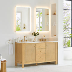 Altair Cedar 60" Double Bathroom Vanity in Natural Wood with Grain White Engineered Stone Countertop