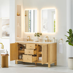 Altair Cedar 60" Double Bathroom Vanity in Natural Wood with Grain White Engineered Stone Countertop