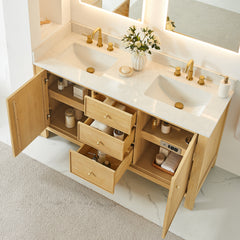 Altair Cedar 60" Double Bathroom Vanity in Natural Wood with Grain White Engineered Stone Countertop