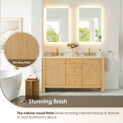 Altair Cedar 60" Double Bathroom Vanity in Natural Wood with Grain White Engineered Stone Countertop