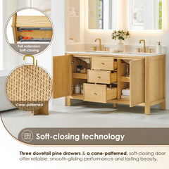 Altair Cedar 60" Double Bathroom Vanity in Natural Wood with Grain White Engineered Stone Countertop