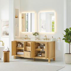 Altair Cedar 72" Double Bathroom Vanity in Natural Wood with Grain White Engineered Stone Countertop