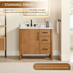 Altair Velora 36" Single Bathroom Vanity in Mango Brown with Grain White Engineered Stone Countertop
