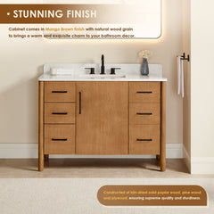Altair Velora 48" Single Bathroom Vanity in Mango Brown with Grain White Engineered Stone Countertop