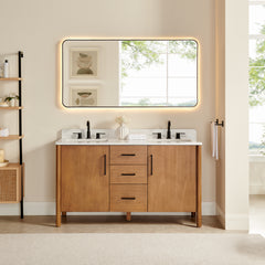 Altair Velora 60" Double Bathroom Vanity in Mango Brown with Grain White Engineered Stone Countertop