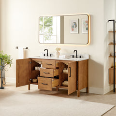 Altair Velora 60" Double Bathroom Vanity in Mango Brown with Grain White Engineered Stone Countertop