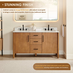 Altair Velora 60" Double Bathroom Vanity in Mango Brown with Grain White Engineered Stone Countertop