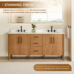 Altair Velora 72" Double Bathroom Vanity in Mango Brown with Grain White Engineered Stone Countertop
