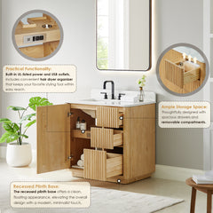 Altair Clayton 36" Single Bathroom Vanity in Washed Light Brown with Grain White Engineered Stone Countertop