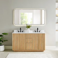 Altair Clayton 60" Double Bathroom Vanity in Washed Light Brown with Grain White Engineered Stone Countertop