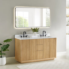 Altair Clayton 60" Double Bathroom Vanity in Washed Light Brown with Grain White Engineered Stone Countertop