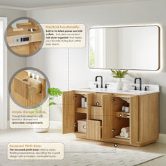Altair Clayton 60" Double Bathroom Vanity in Washed Light Brown with Grain White Engineered Stone Countertop