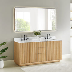 Altair Clayton 72" Double Bathroom Vanity in Washed Light Brown with Grain White Engineered Stone Countertop