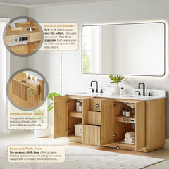 Altair Clayton 72" Double Bathroom Vanity in Washed Light Brown with Grain White Engineered Stone Countertop
