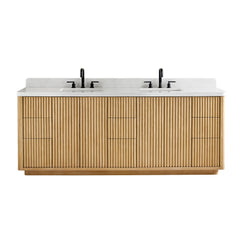 Altair Clayton 84" Double Bathroom Vanity in Washed Light Brown with Grain White Engineered Stone Countertop - Without Mirror