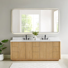 Altair Clayton 84" Double Bathroom Vanity in Washed Light Brown with Grain White Engineered Stone Countertop