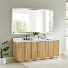 Altair Clayton 84" Double Bathroom Vanity in Washed Light Brown with Grain White Engineered Stone Countertop