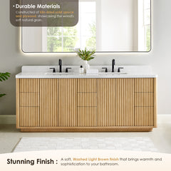 Altair Clayton 84" Double Bathroom Vanity in Washed Light Brown with Grain White Engineered Stone Countertop