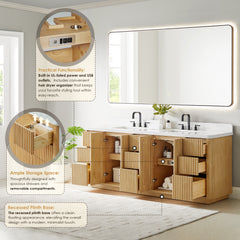 Altair Clayton 84" Double Bathroom Vanity in Washed Light Brown with Grain White Engineered Stone Countertop