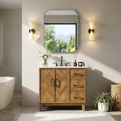 Altair Clara 36" Single Bathroom Vanity in Weathered Brown with Calacatta Truffle White Quartz Countertop No Mirror