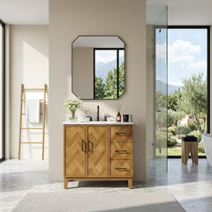 Altair Clara 36" Single Bathroom Vanity in Weathered Brown with Calacatta Truffle White Quartz Countertop No Mirror
