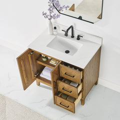 Altair Clara 36" Single Bathroom Vanity in Weathered Brown with Calacatta Truffle White Quartz Countertop No Mirror