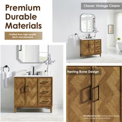 Altair Clara 36" Single Bathroom Vanity in Weathered Brown with Calacatta Truffle White Quartz Countertop No Mirror