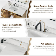 Altair Clara 48" Single Bathroom Vanity in Weathered Brown with Calacatta Truffle White Quartz Countertop No Mirror