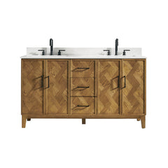 Altair Clara 60" Double Bathroom Vanity in Weathered Brown with Calacatta Truffle White Quartz Countertop No Mirror