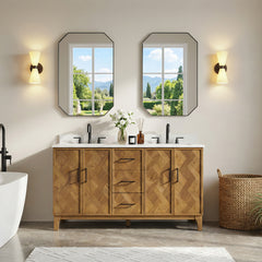 Altair Clara 60" Double Bathroom Vanity in Weathered Brown with Calacatta Truffle White Quartz Countertop No Mirror