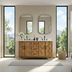 Altair Clara 60" Double Bathroom Vanity in Weathered Brown with Calacatta Truffle White Quartz Countertop No Mirror