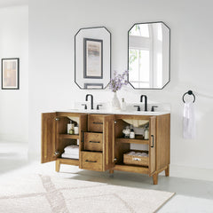 Altair Clara 60" Double Bathroom Vanity in Weathered Brown with Calacatta Truffle White Quartz Countertop No Mirror