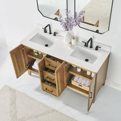 Altair Clara 60" Double Bathroom Vanity in Weathered Brown with Calacatta Truffle White Quartz Countertop No Mirror