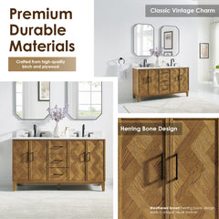Altair Clara 60" Double Bathroom Vanity in Weathered Brown with Calacatta Truffle White Quartz Countertop No Mirror