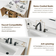 Altair Clara 60" Double Bathroom Vanity in Weathered Brown with Calacatta Truffle White Quartz Countertop No Mirror