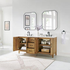 Altair Clara 72" Double Bathroom Vanity in Weathered Brown with Calacatta Truffle White Quartz Countertop No Mirror