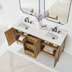 Altair Clara 72" Double Bathroom Vanity in Weathered Brown with Calacatta Truffle White Quartz Countertop No Mirror