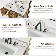 Altair Clara 72" Double Bathroom Vanity in Weathered Brown with Calacatta Truffle White Quartz Countertop No Mirror