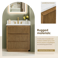 Altair Navan 30" Single Bathroom Vanity in Weathered Brown with Grain White Engineered Stone Countertop No Mirror
