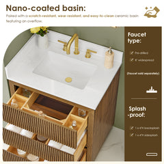 Altair Navan 30" Single Bathroom Vanity in Weathered Brown with Grain White Engineered Stone Countertop No Mirror