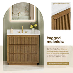 Altair Navan 36" Single Bathroom Vanity in Weathered Brown with Grain White Engineered Stone Countertop No Mirror