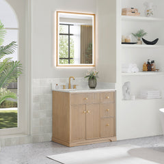 Altair Barnett 36" Single Bathroom Vanity in Natural Oak with Grain White Engineered Stone Countertop No Mirror