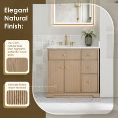 Altair Barnett 36" Single Bathroom Vanity in Natural Oak with Grain White Engineered Stone Countertop No Mirror