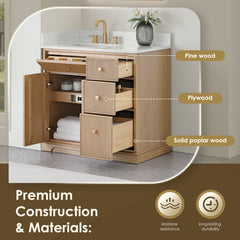 Altair Barnett 36" Single Bathroom Vanity in Natural Oak with Grain White Engineered Stone Countertop No Mirror