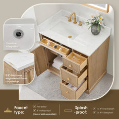Altair Barnett 36" Single Bathroom Vanity in Natural Oak with Grain White Engineered Stone Countertop No Mirror