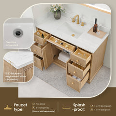 Altair Barnett 48" Single Bathroom Vanity in Natural Oak with Grain White Engineered Stone Countertop No Mirror