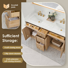 Altair Barnett 60" Double Bathroom Vanity in Natural Oak with Grain White Engineered Stone Countertop No Mirror