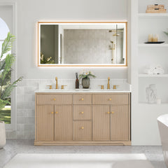 Altair Barnett 60" Double Bathroom Vanity in Natural Oak with Grain White Engineered Stone Countertop No Mirror
