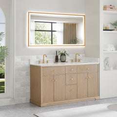 Altair Barnett 60" Double Bathroom Vanity in Natural Oak with Grain White Engineered Stone Countertop No Mirror