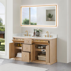 Altair Barnett 60" Double Bathroom Vanity in Natural Oak with Grain White Engineered Stone Countertop No Mirror
